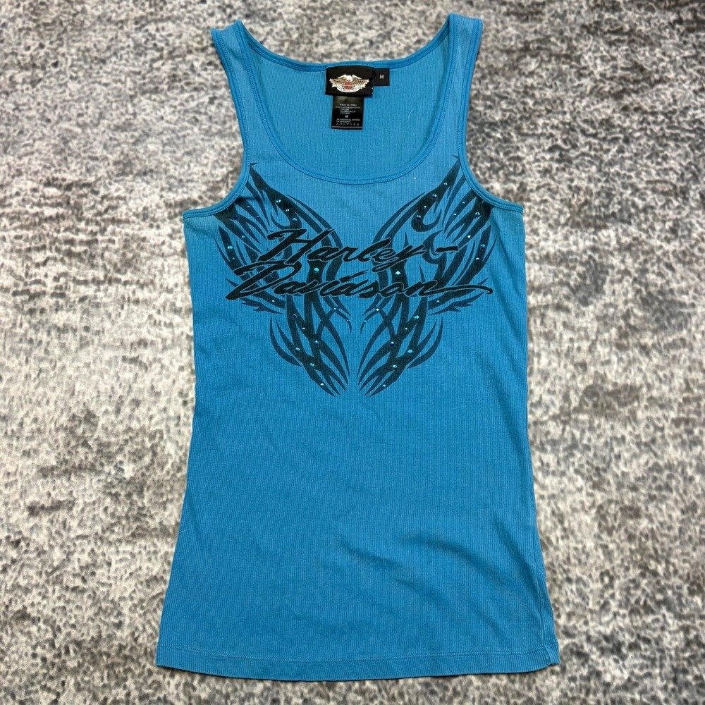 Harley Davidson Ribbed Tank Top Womens Medium Blue Wings Logo Biker Motorcycle